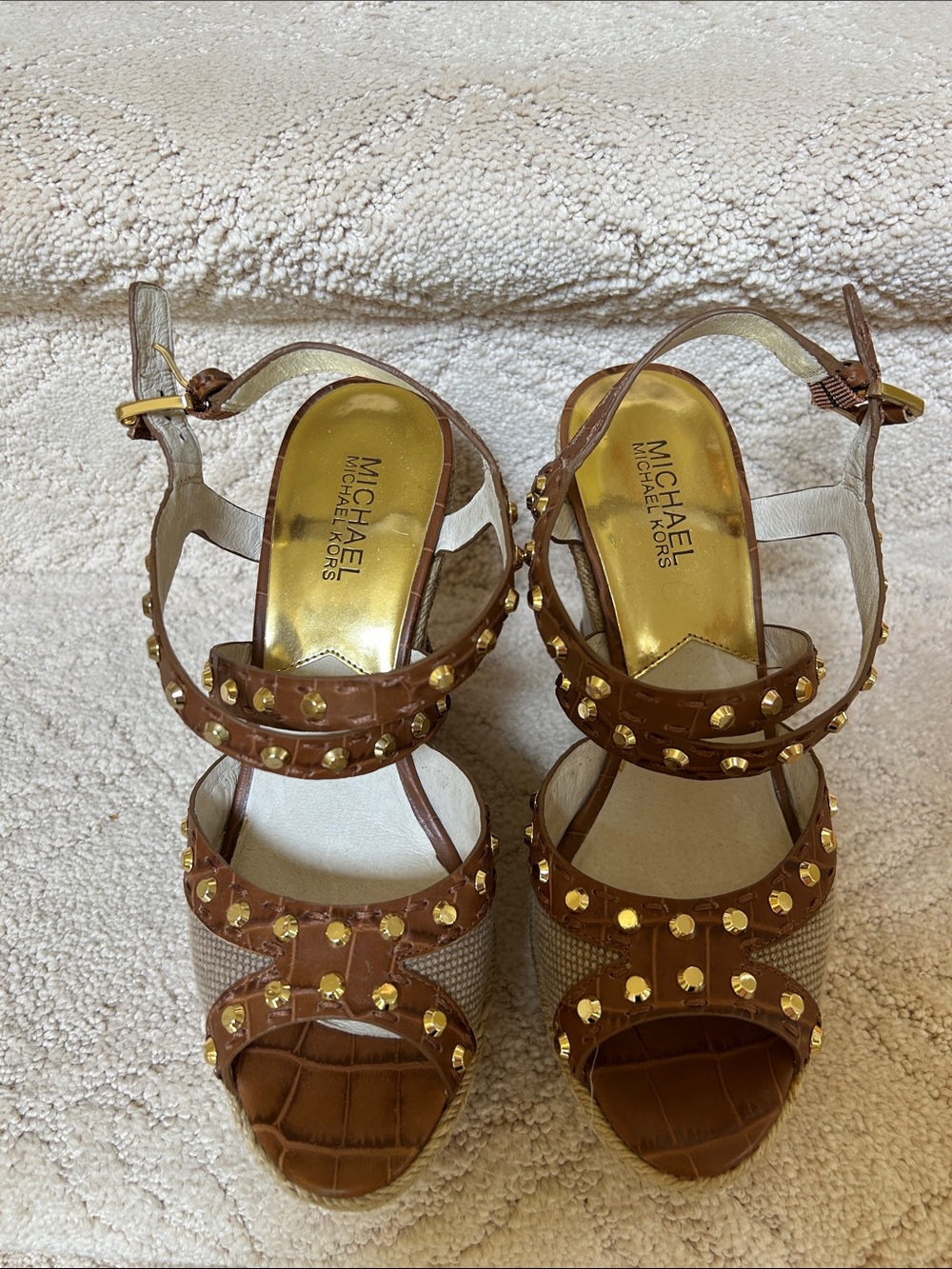 Michael Kors Brown Leather Studded Platform Heels with Gold Accents